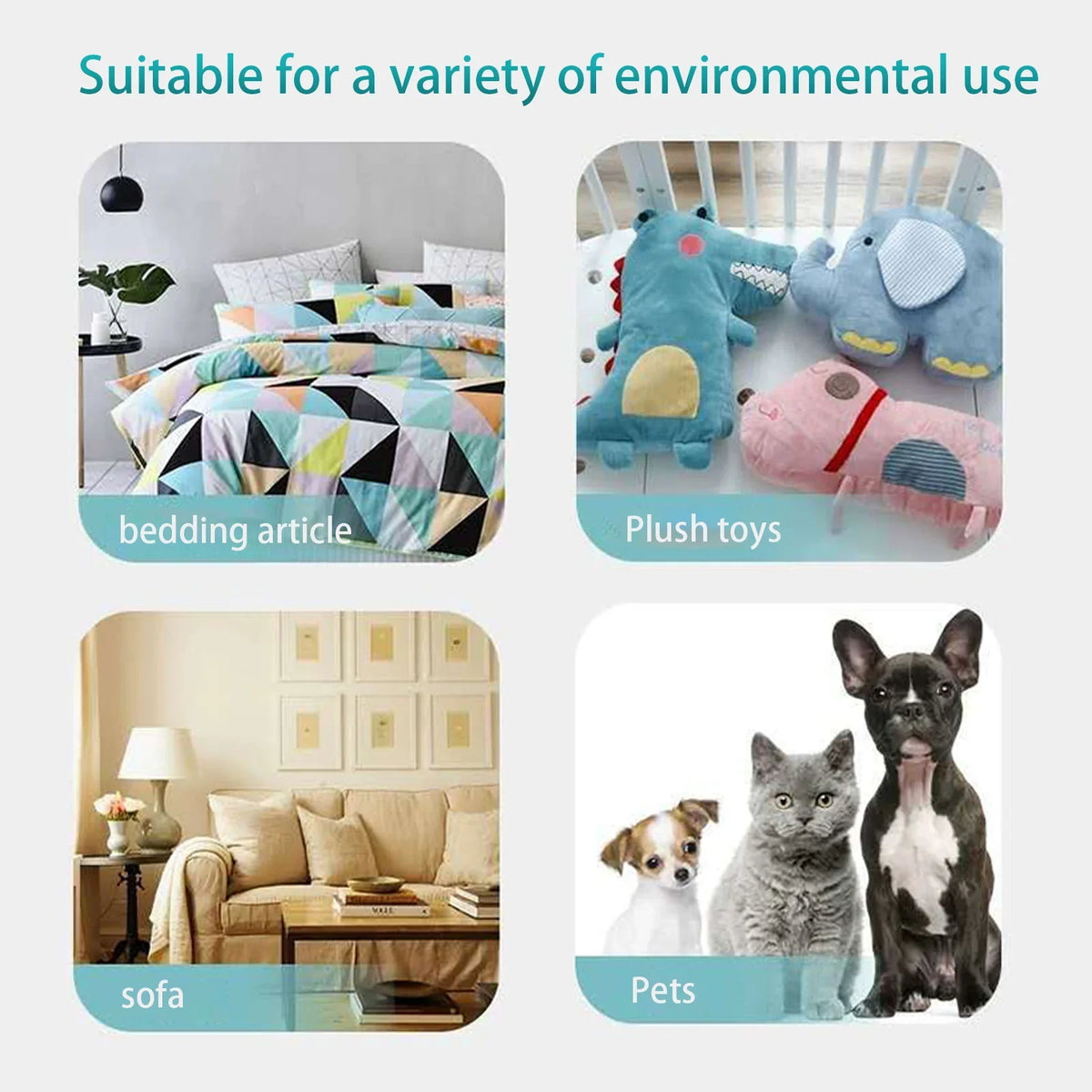 A collection of products including bedding articles, plush toys, sofa furniture, and pets.