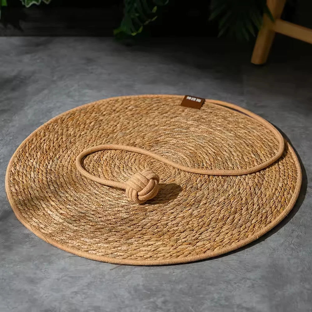 A round, woven natural rattan cat scratcher mat with a knotted loop on a gray surface.