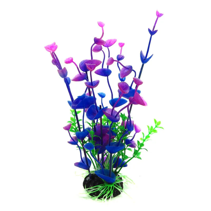 Artificial aquarium plant featuring purple and blue flowers on a green stem
