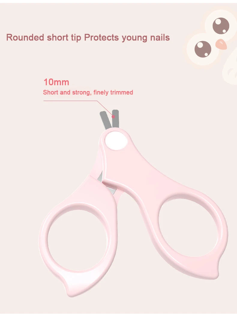 A pink rounded short tip nail clipper is shown, designed to protect young nails.