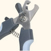 Stainless steel pet nail clippers with a gray handle and silver blades shown in a close-up view.