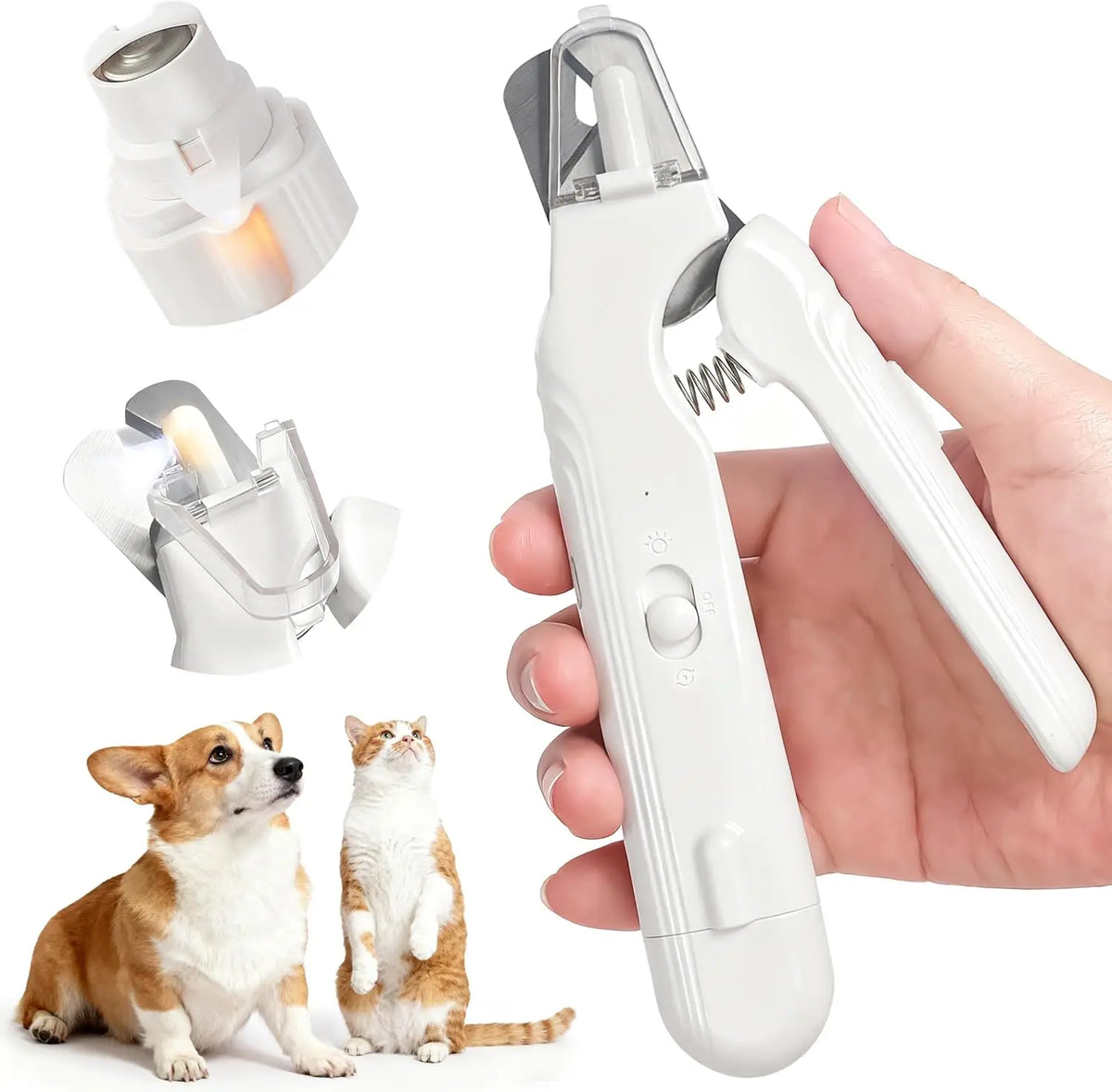 Weiße elektrische Nagelschere und -hobel neben einem kleinen Hund und einer Katze