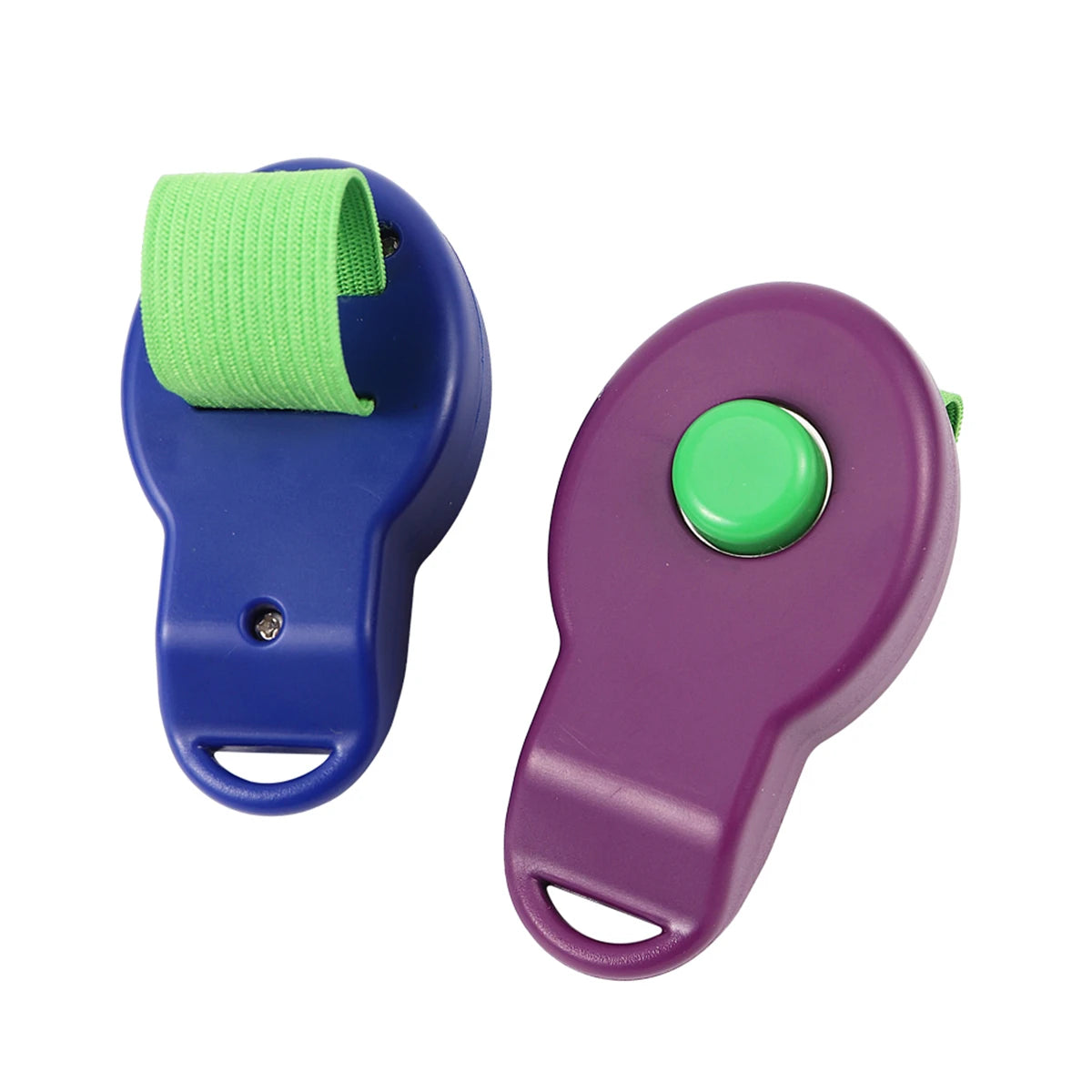 A purple dog training clicker with a green finger band.