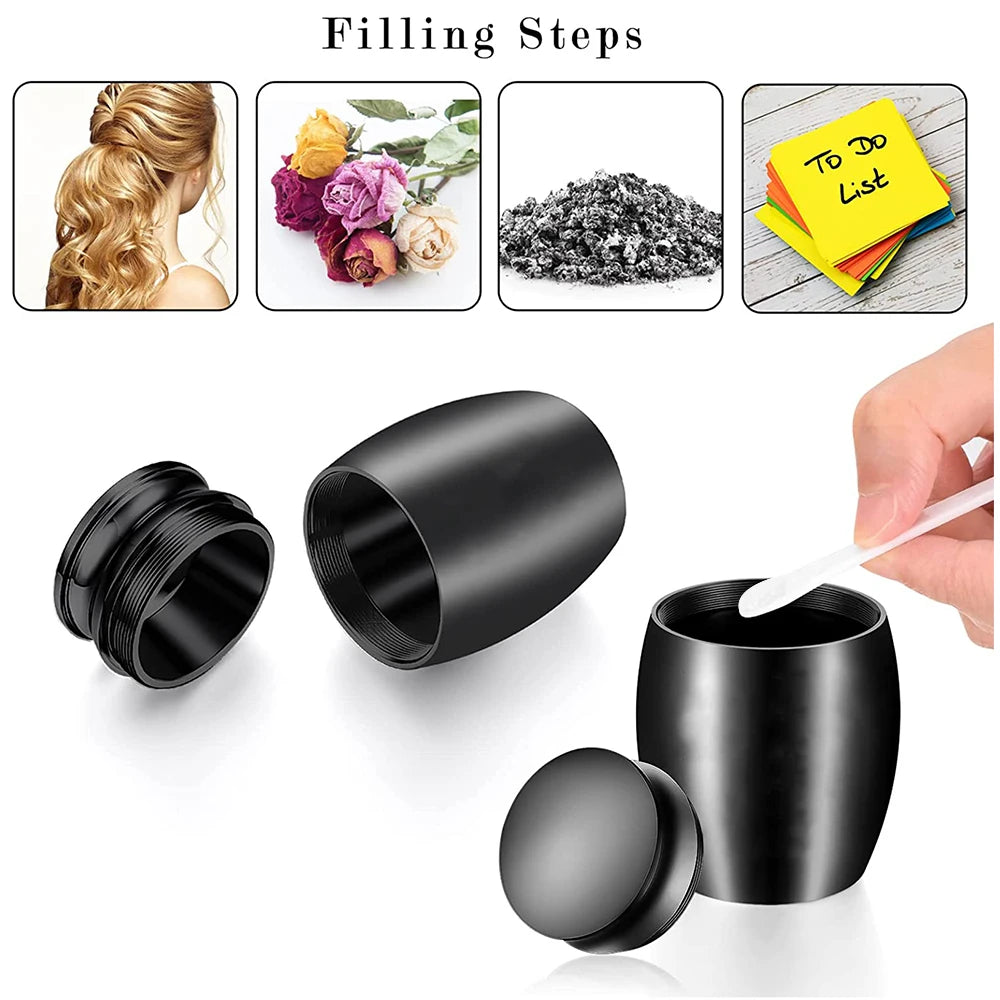 Set aus schwarzem Aluminium-Herz-Schmetterlings-Andenken-Urn-Komponenten inklusive Deckel und Hauptkörper.