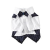 Elegant striped tuxedo pet outfit for dogs and cats featuring a white shirt with a dark bow tie and black striped fabric.