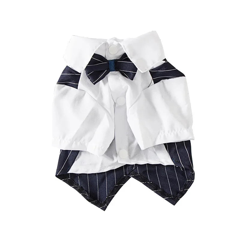 Elegant striped tuxedo pet outfit for dogs and cats featuring a white shirt with a dark bow tie and black striped fabric.