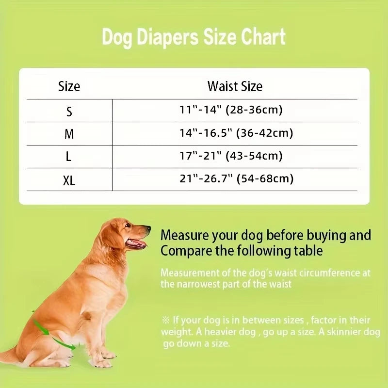 Tabla de tallas para pañales para perros, mostrando tamaños de cintura correspondientes a pequeño, mediano, grande y extra gr