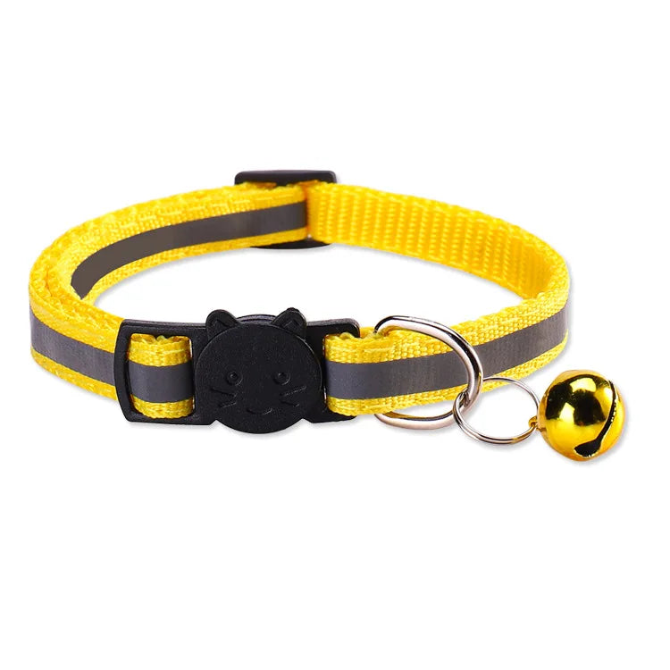Yellow and black reflective nylon pet collar with a black cat charm and a gold bell attached.
