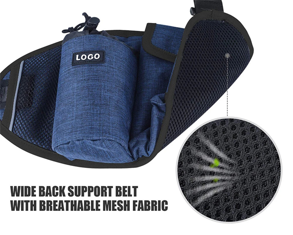 Blue hands-free dog walking belt with a treat pouch and breathable mesh fabric
