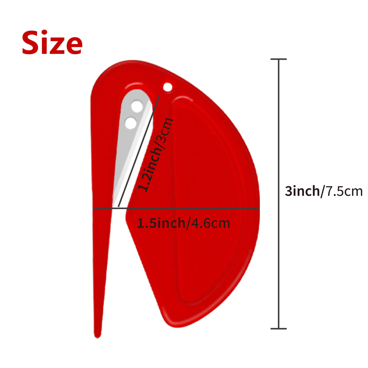 A red stainless steel pet deshedding and knot removal tool shown with various size measurements.