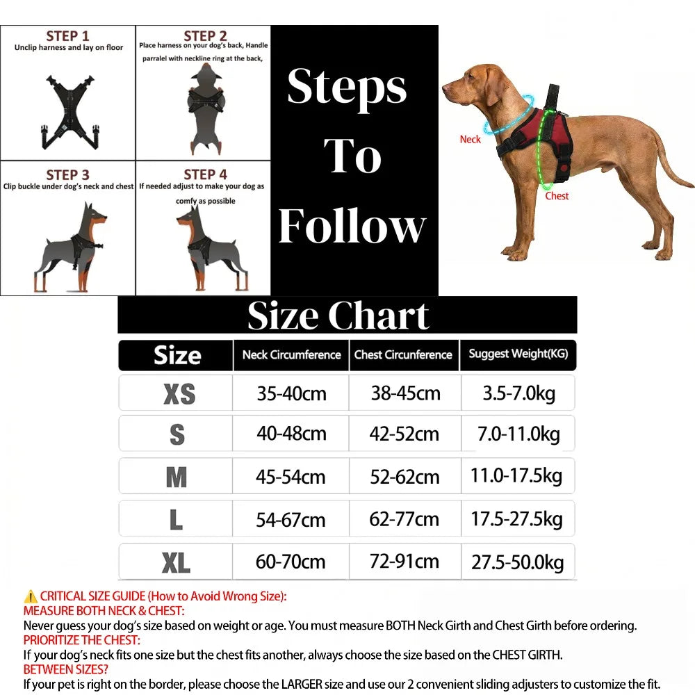 Size chart and instructions for an adjustable no-pull dog harness showing steps to follow and size measurements