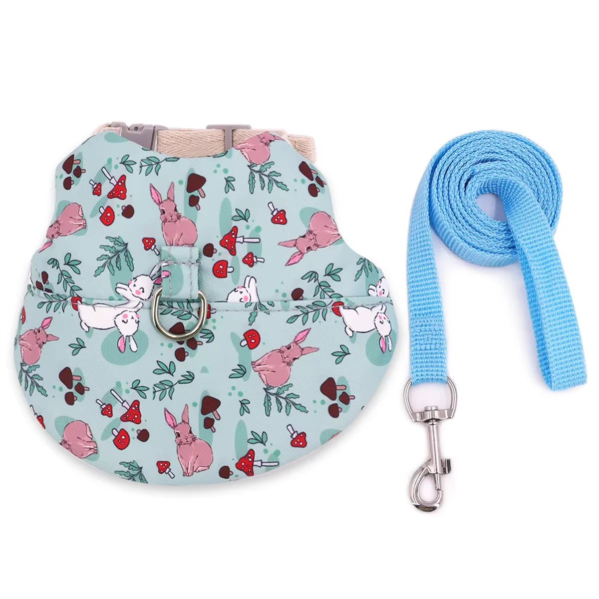 A light blue printed rabbit harness vest with a matching blue adjustable leash.