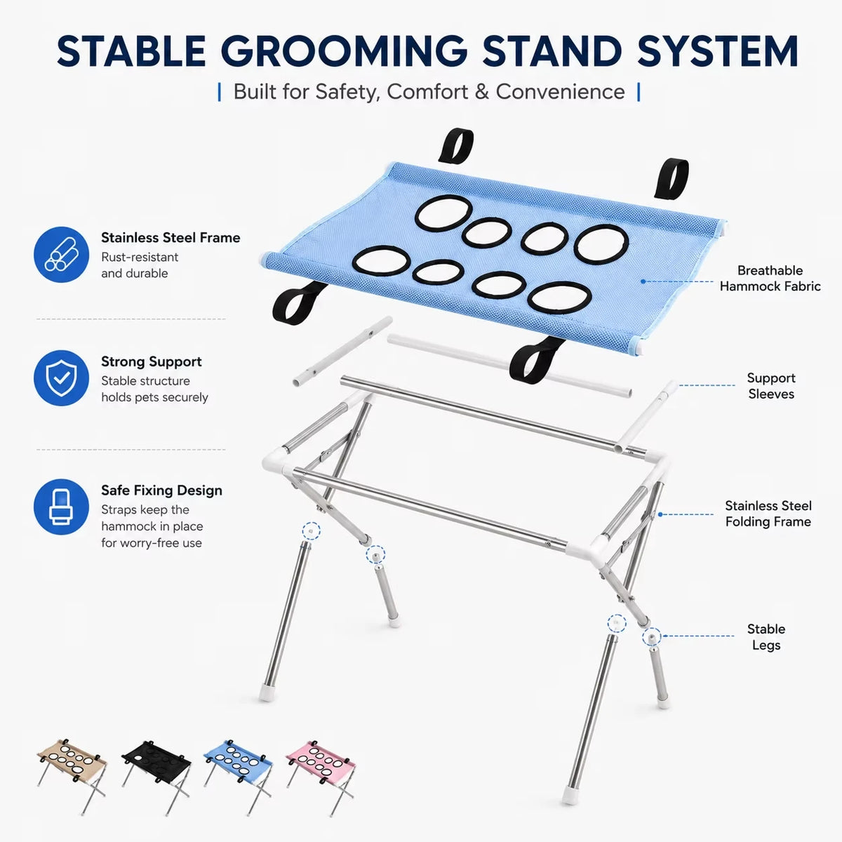 Foldable Pet Grooming Hammock Stand with Breathable Mesh