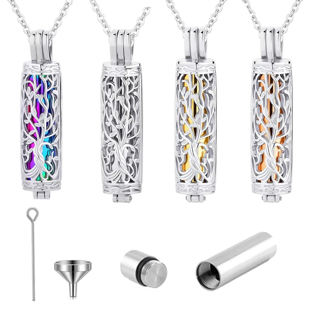 Silver stainless steel cylinder cremation urn necklace with intricate leaf design and a silver pendant.