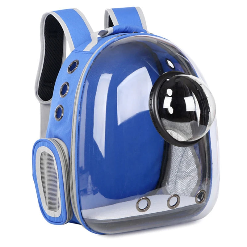 A bright blue transparent pet backpack designed for dogs and cats.
