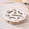 A white felt puzzle toy for cats with various holes and wooden sticks.
