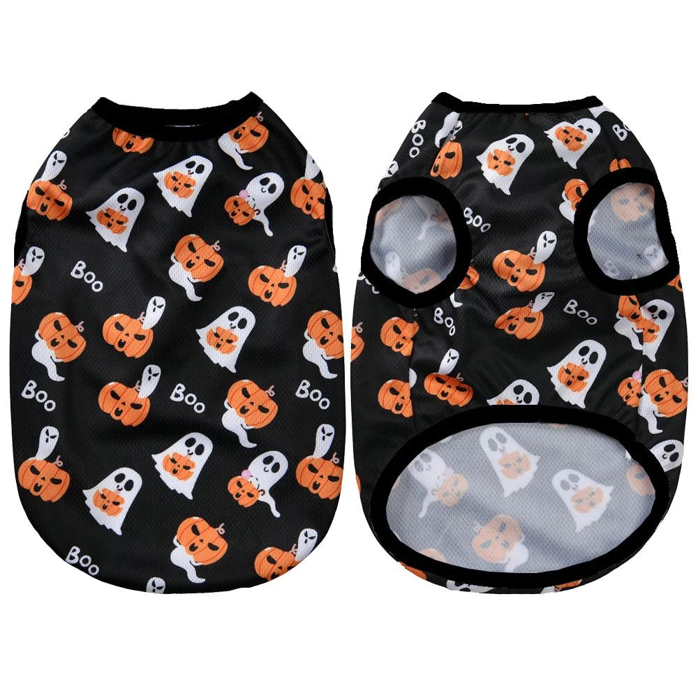 A pair of black pet shirts featuring orange Halloween pumpkin prints for small dogs and cats.