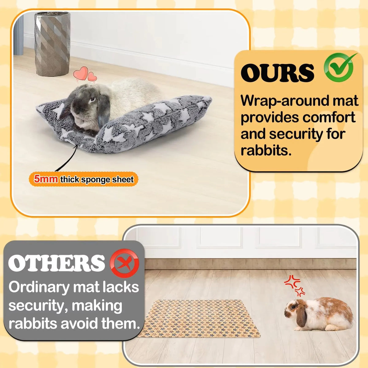 Wrap-around mat providing comfort and security for rabbits, shown with a rabbit on the mat.
