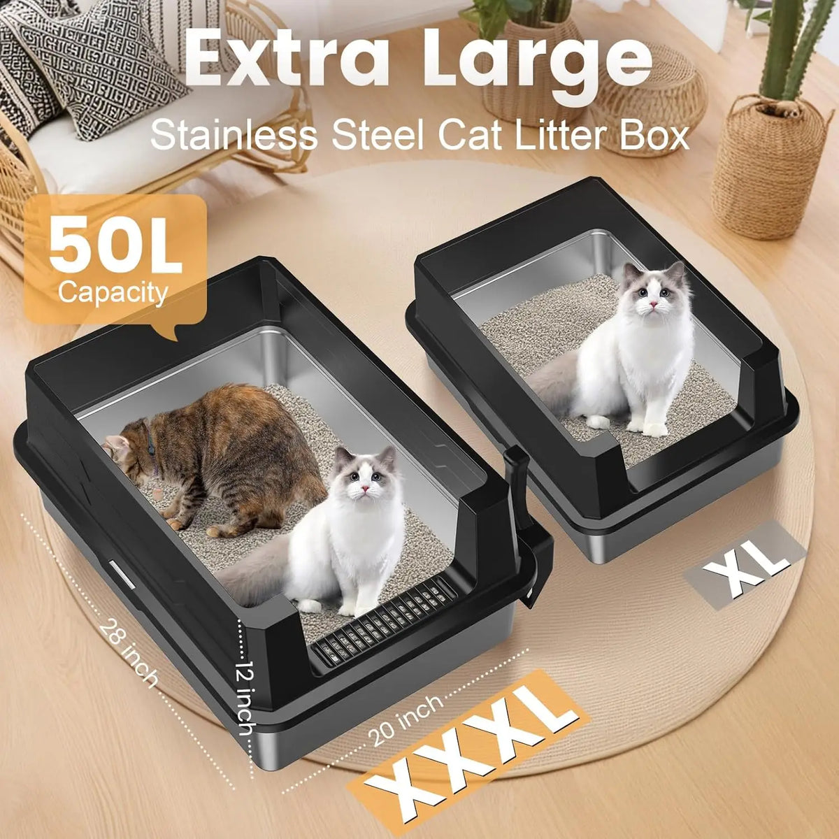 Litière à chats en acier inoxydable extra-large avec un chat à l'intérieur sur une surface en bois
