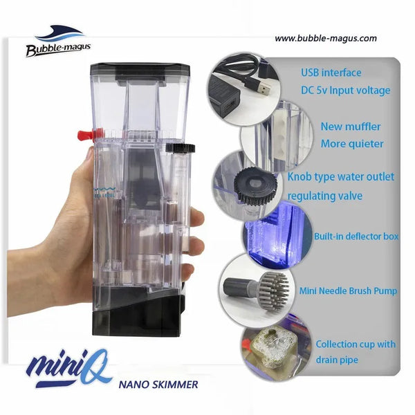 A clear plastic mini skimmer device is held by a hand, showing its components and features.
