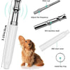 A white ultrasonic dog whistle with a silver pitch rod and an ABS dust cover shown next to a small dog.