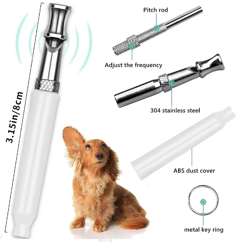 A white ultrasonic dog whistle with a silver pitch rod and an ABS dust cover shown next to a small dog.