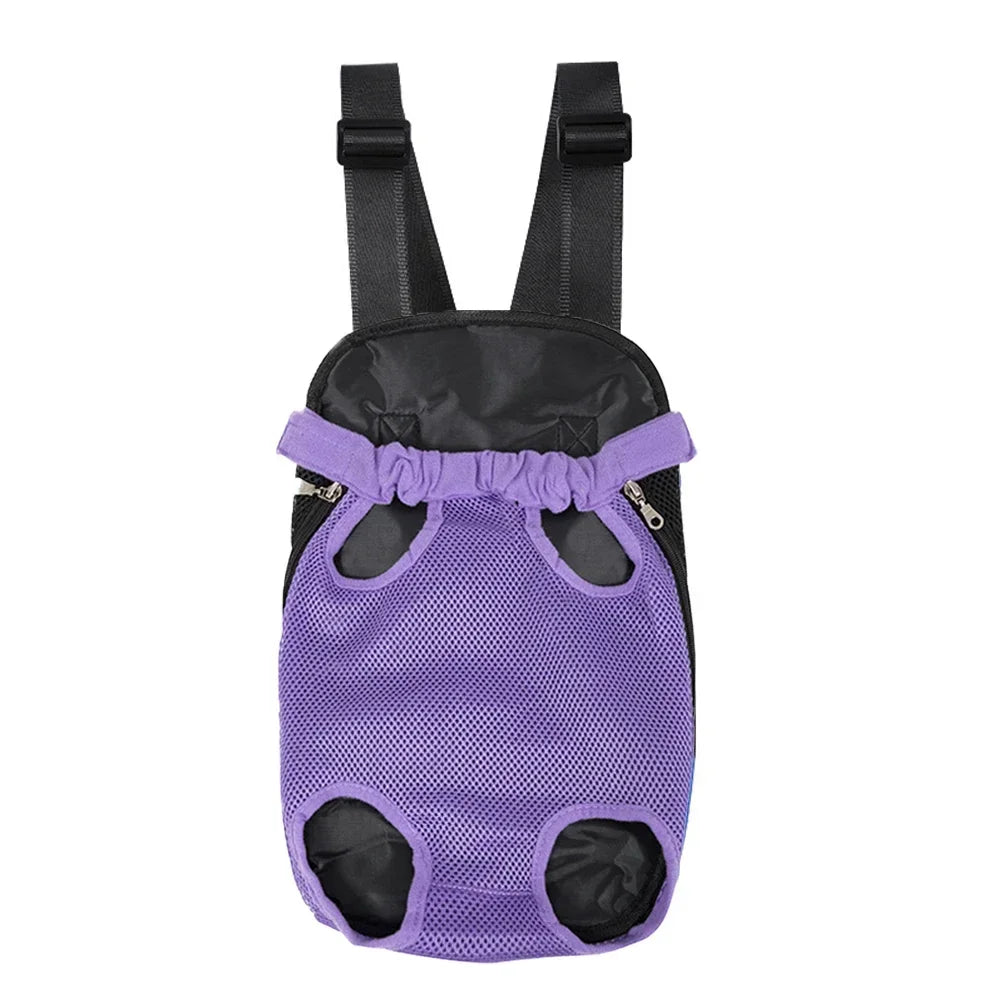 Purple and black outdoor camouflage dog carrier backpack with black straps