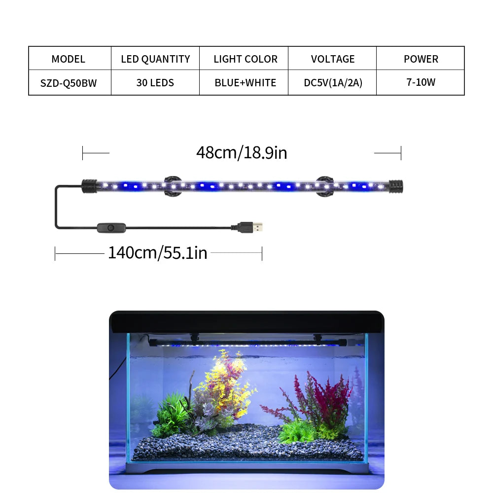 A long LED light bar illuminates a planted aquarium setup with vibrant colors.