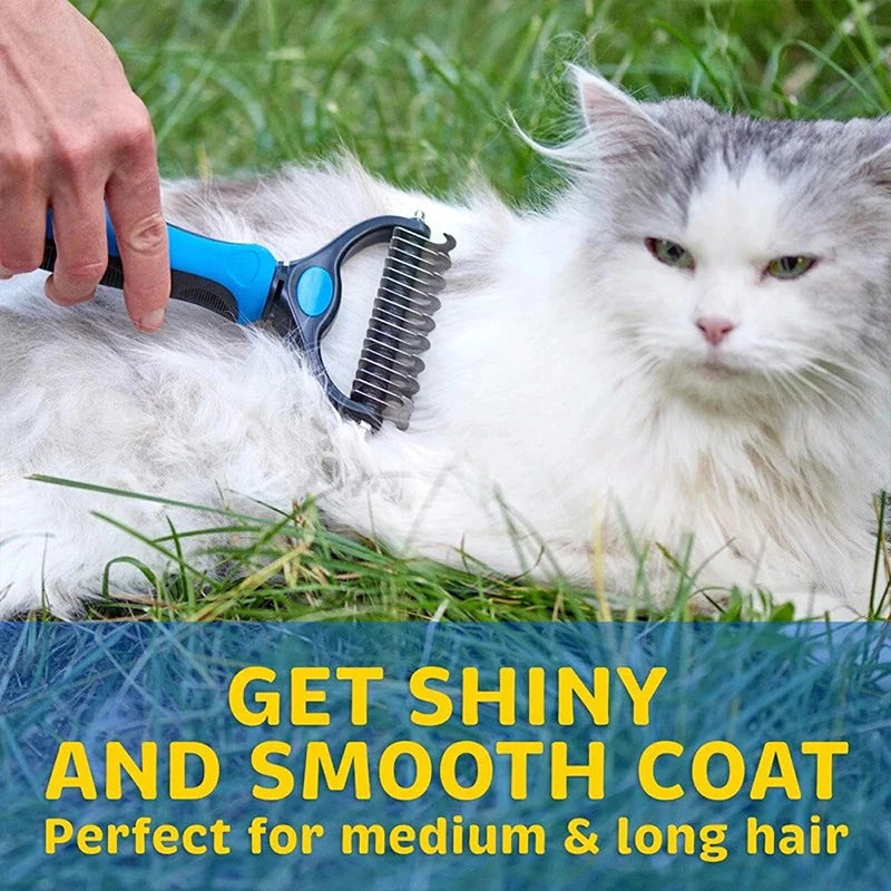 Un chat blanc est en train d'être brossé avec un peigne antipelliculaire bleu sur sa fourrure.
