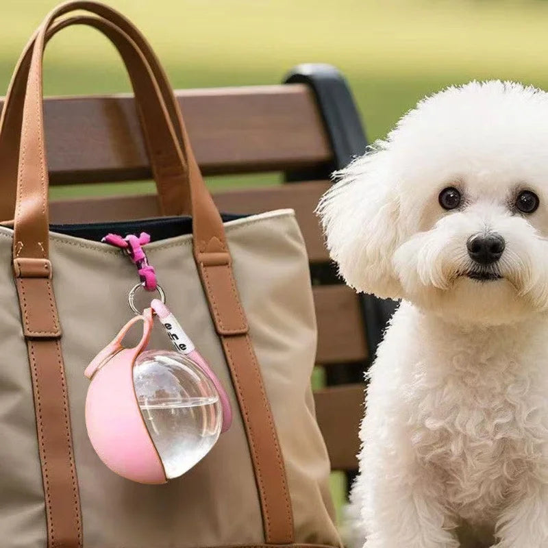 A fluffy white dog sits next to a beige backpack featuring a pink foldable travel pet water bottle with a hook.
