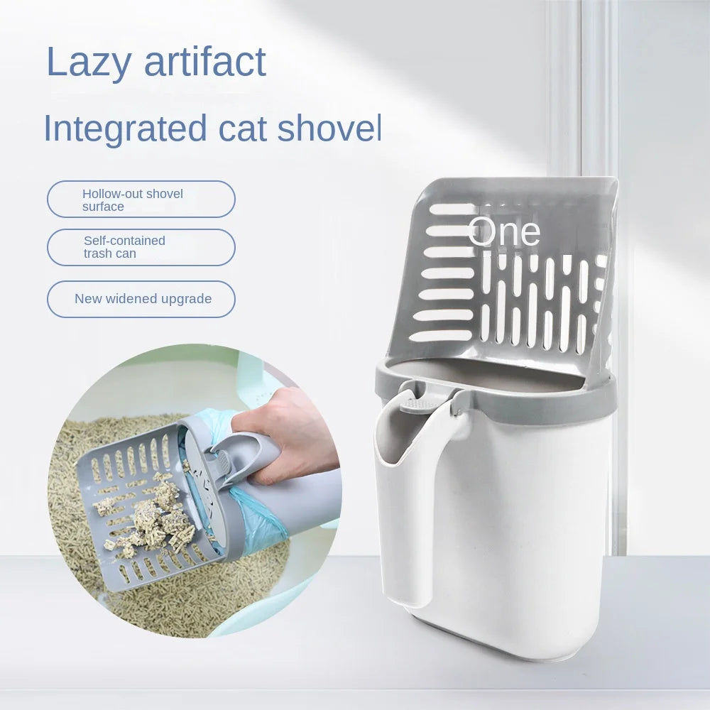A white integrated cat shovel and storage bin for litter, showing a self-contained trash can and a new widened upgrade.