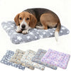 A brown and white dog lying on a gray pet blanket, with several folded patterned pet mats displayed below.