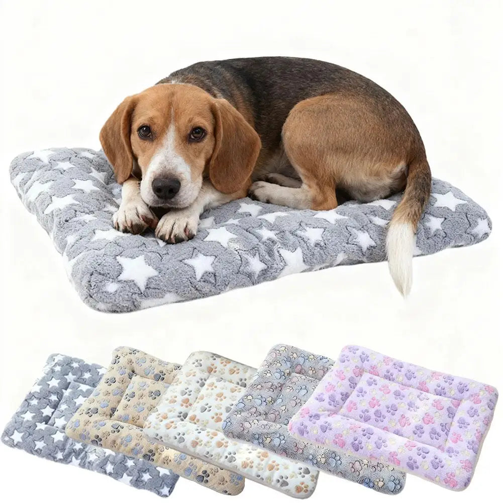 A brown and white dog lying on a gray pet blanket, with several folded patterned pet mats displayed below.