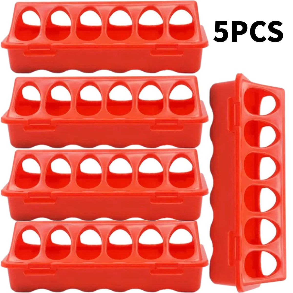 Five red double-sided 12-hole poultry feeders for quail, chicks, and small birds
