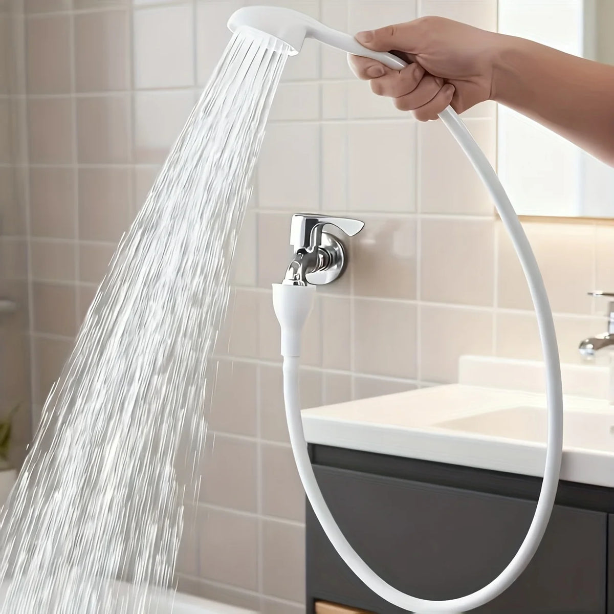 A hand is operating a white 360° portable faucet sprayer with a long hose, directing a strong stream of water into a sink.