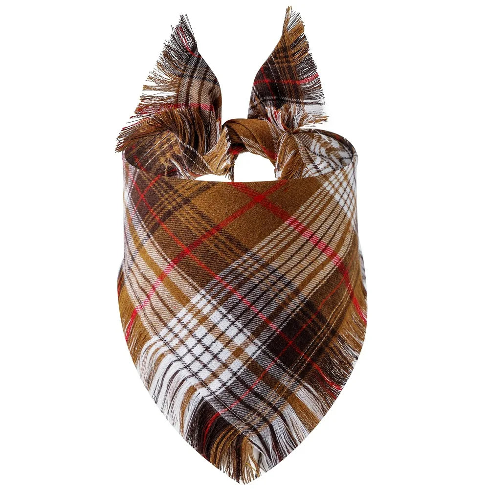 A plaid fabric bandana featuring brown, black, and white checks with fringed edges.