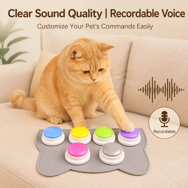 A ginger cat sits on a gray training mat with colorful buttons for pet commands.