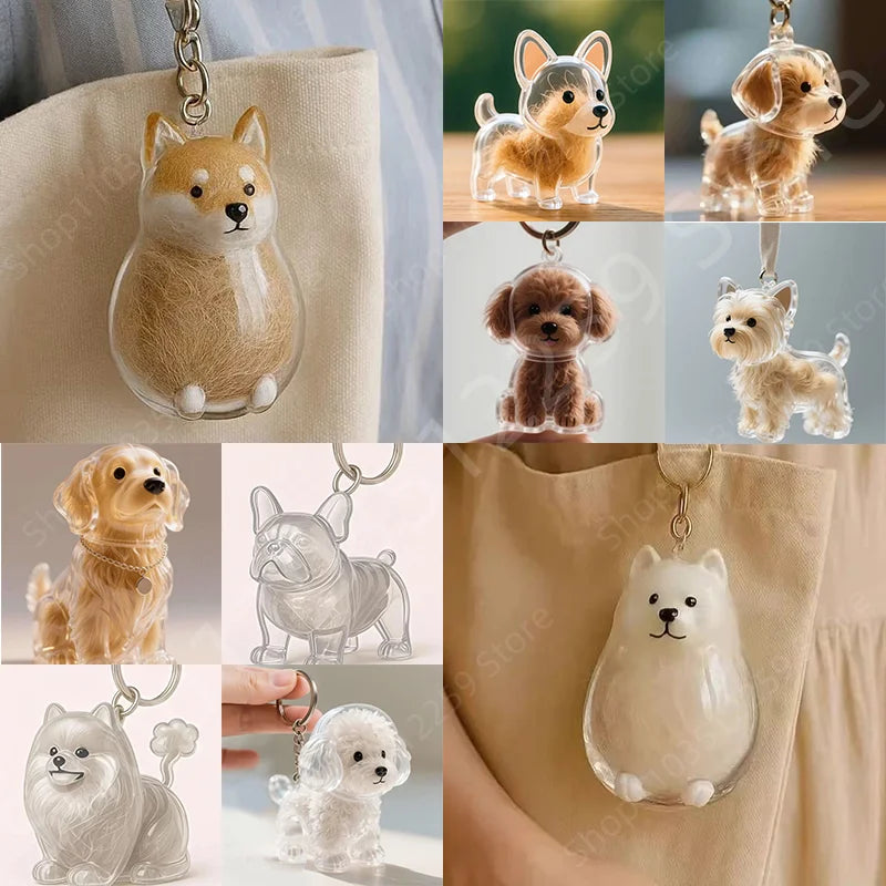 Ein Set aus Haustier-Fell-Aufbewahrungsschlüsseln mit verschiedenen Hund- und Katzenfiguren in klaren und natürlichen Tönen.