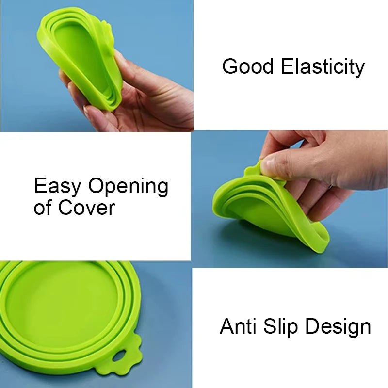 A bright lime green reusable silicone pet food can lid with a spoon, demonstrating elasticity and an anti-slip design.
