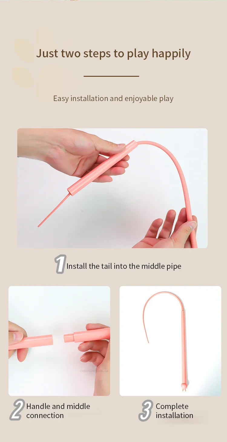 Three steps showing how to install an interactive cat teaser toy with a silicone mouse tail into a middle pipe.