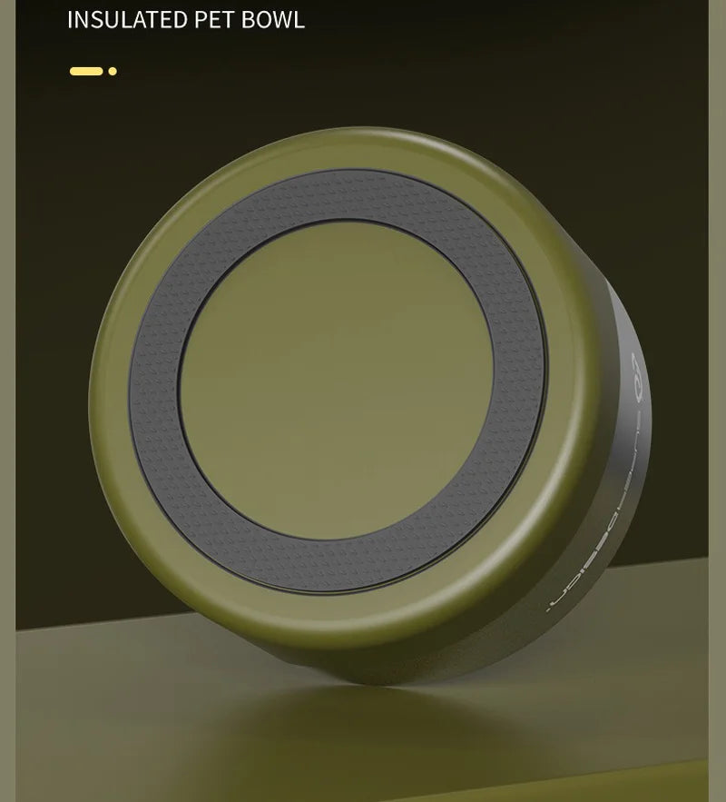 A round, olive green insulated pet bowl with a textured gray lid and a smooth base.