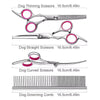A set of dog grooming tools including thinning scissors, straight scissors, curved scissors, and a grooming comb.