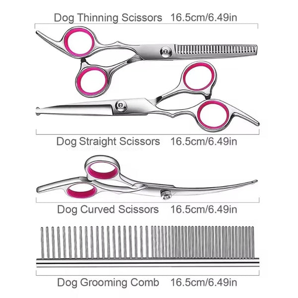 A set of dog grooming tools including thinning scissors, straight scissors, curved scissors, and a grooming comb.