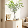 A tall glass vase filled with green artificial bamboo stems, displayed on a light wood cabinet next to a white wall.