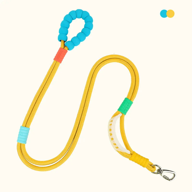 Yellow adjustable hands-free dog leash with blue and orange accents