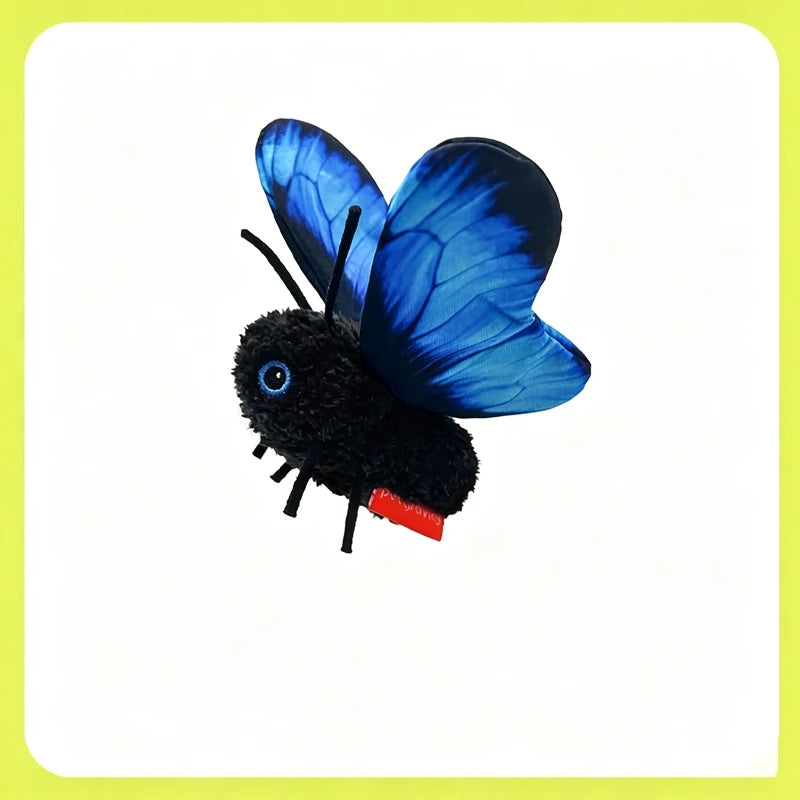 A black and blue butterfly cat teaser toy with a rechargeable battery.