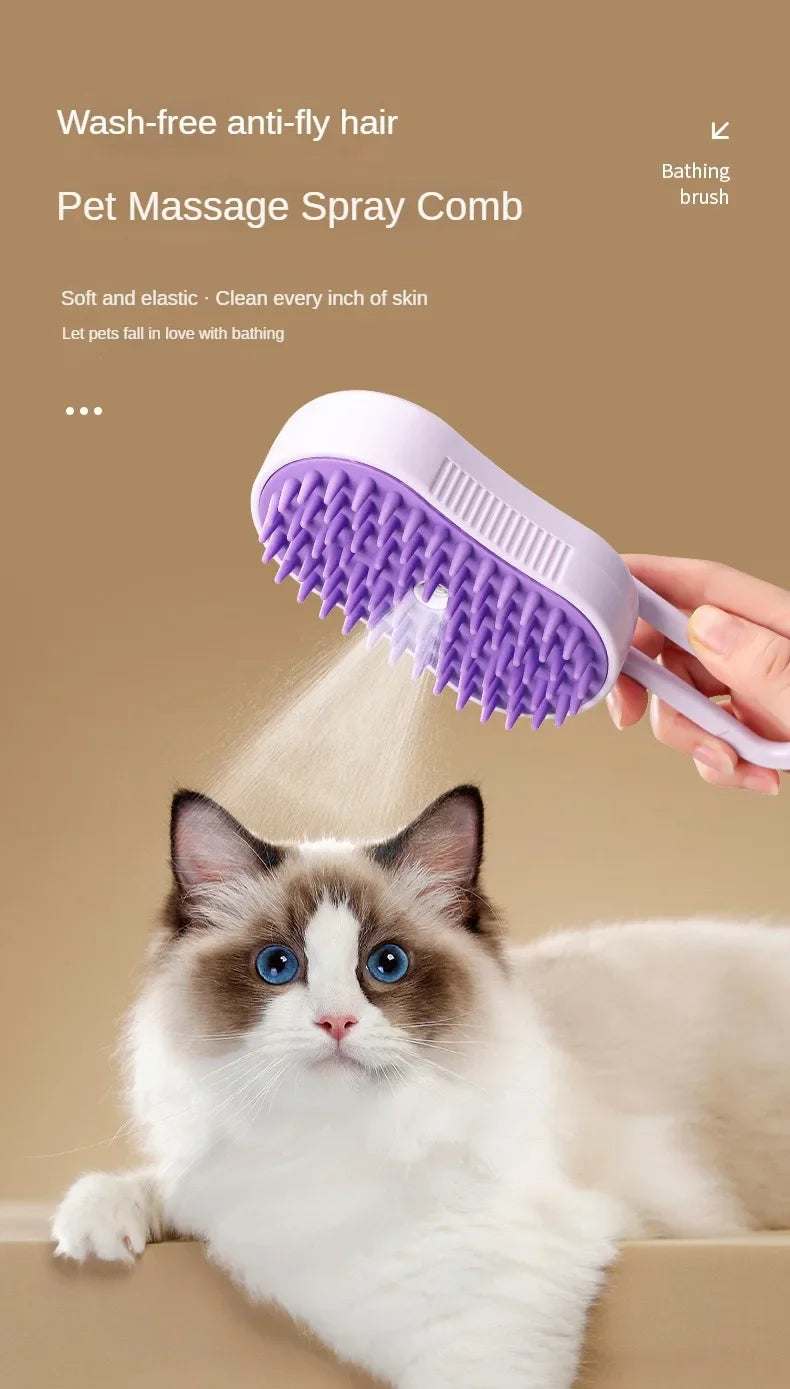 A hand is using a purple pet massage spray comb on a white and gray cat.