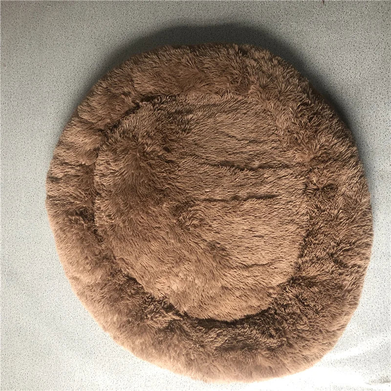 Extra large plush round pet bed with anti-slip base for dogs and cats in a brown color