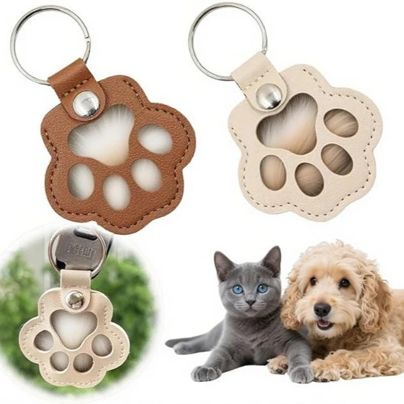 Leather pet fur keepsake keychain charms featuring various pet fur textures and shapes.