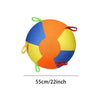 An orange and blue interactive herding ball toy for dogs with green handles.